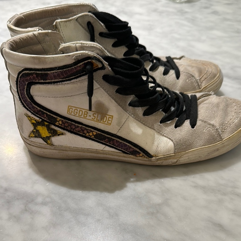 Golden Goose White and Black High-Top Sneakers